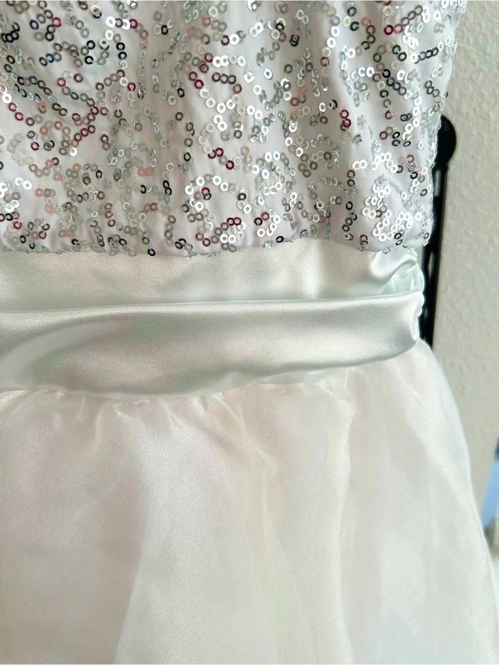 Weissman Showtime I Feel Pretty White Satin Sequins Organza Dancewear Size LC 14